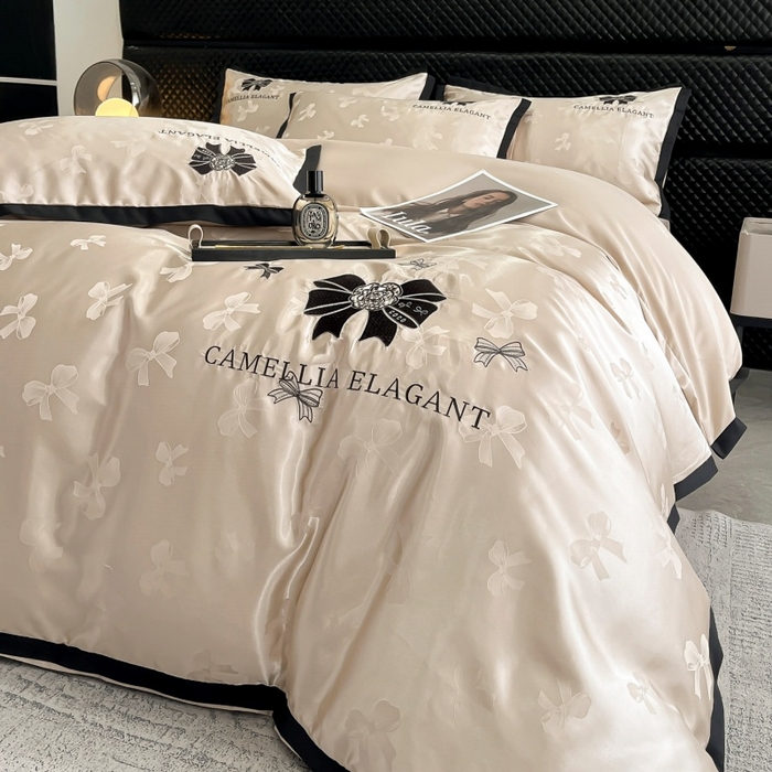 91家纺网 家纺一手货源 找家纺 金牛座家纺 2025新款贡缎提花磨毛亲肤棉刺绣四件套-蝴蝶结 蝴蝶结-香槟