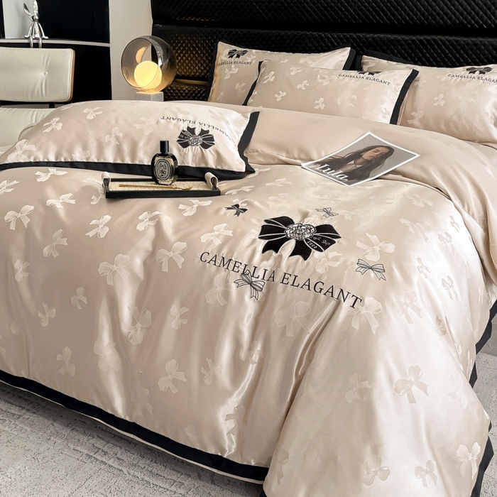 91家纺网 家纺一手货源 找家纺 金牛座家纺 2025新款贡缎提花磨毛亲肤棉刺绣四件套-蝴蝶结 蝴蝶结-香槟