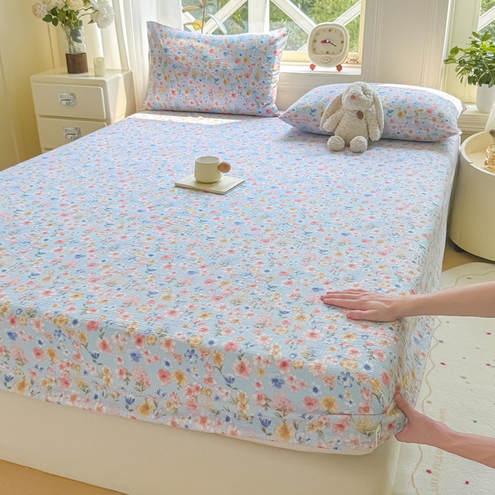 91家纺网 家纺一手货源 找家纺 丝芙妮家居（原乐视家纺） 2026新款A类皱皱纱亲肤木棉床笠-系列二 兰花情