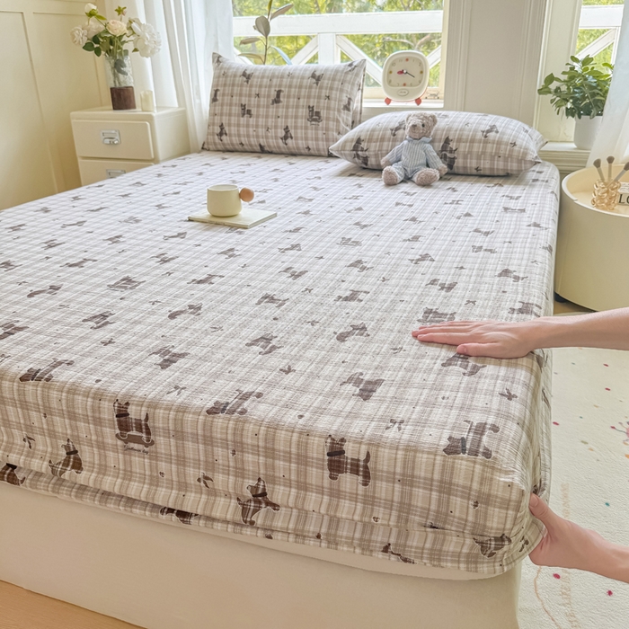 91家纺网 家纺一手货源 找家纺 丝芙妮家居（原乐视家纺） 2026新款A类皱皱纱亲肤木棉床笠-系列二 雪纳瑞