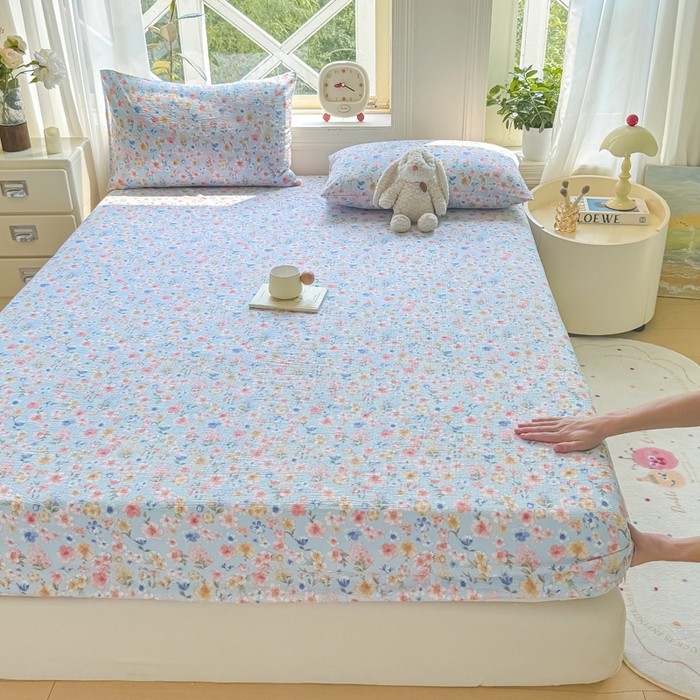 91家纺网 家纺一手货源 找家纺 丝芙妮家居（原乐视家纺） 2026新款A类皱皱纱亲肤木棉床笠-系列二 兰花情