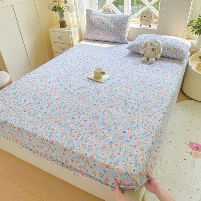 91家纺网 家纺一手货源 找家纺 丝芙妮家居（原乐视家纺） 2026新款A类皱皱纱亲肤木棉床笠-系列二 兰花情