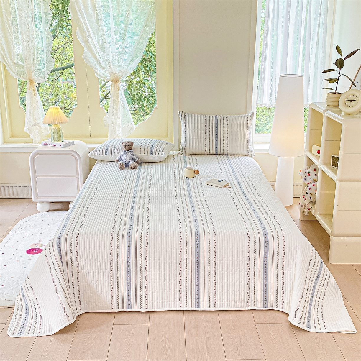 91家纺网 家纺一手货源 找家纺 灰鲸 2025新款全棉色织提花床盖系列 简爱-蓝