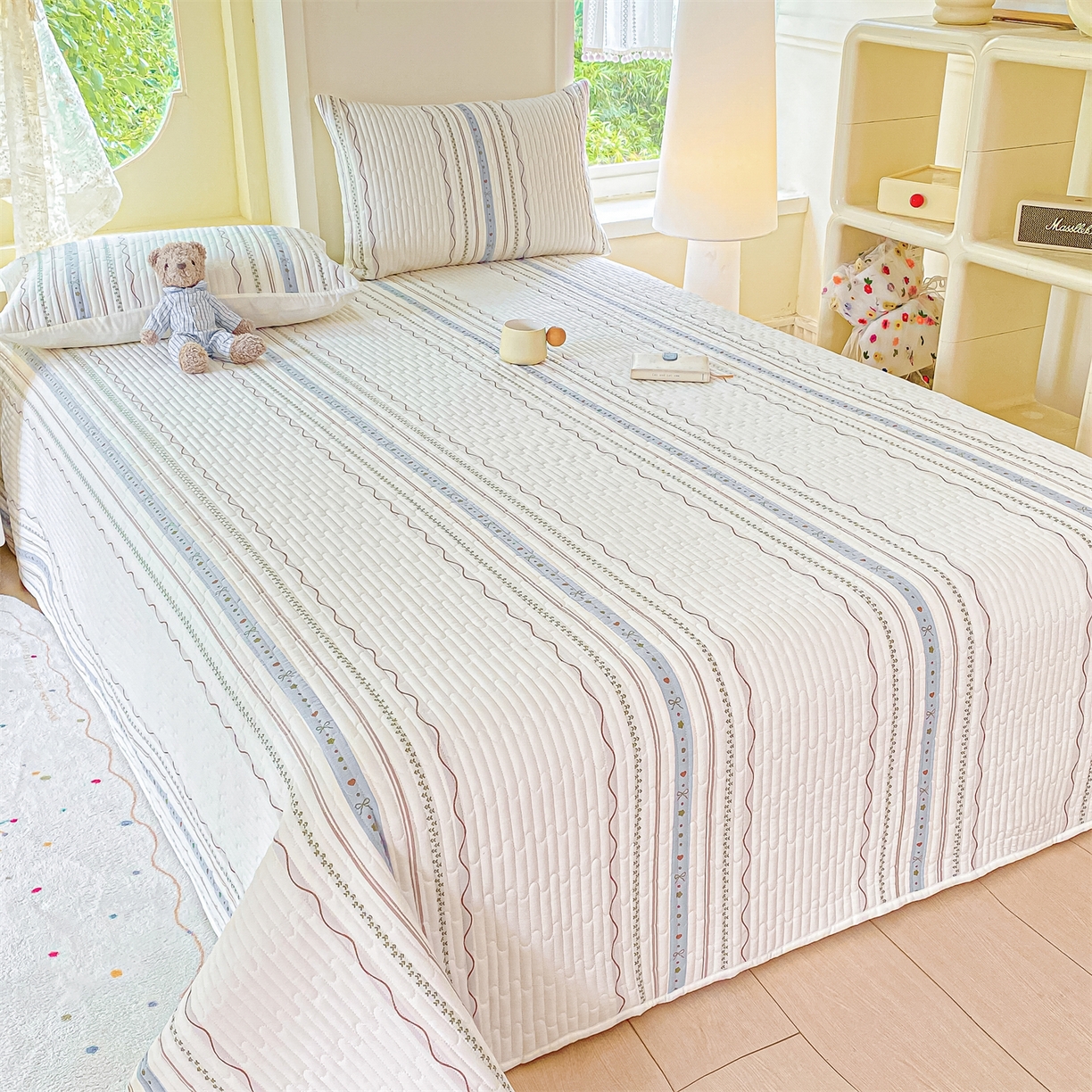 91家纺网 家纺一手货源 找家纺 灰鲸 2025新款全棉色织提花床盖系列 简爱-蓝