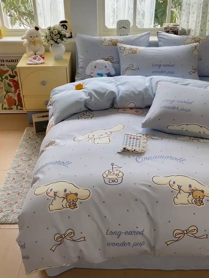 91家纺网 家纺一手货源 找家纺 朵希曼 2025新款全棉三丽鸥卡通印花系列四件套 点点玉桂狗