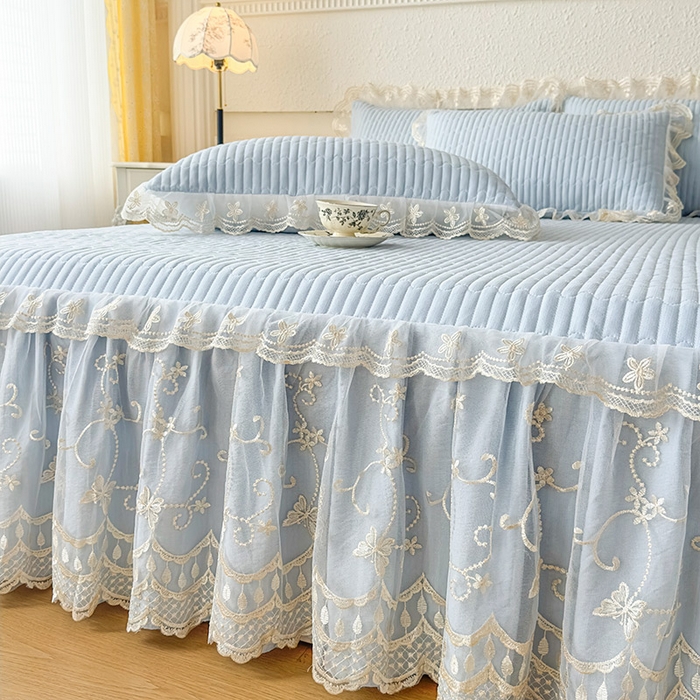 91家纺网 家纺一手货源 找家纺 予梦家纺 2025新款夹棉床裙单床裙单品床裙单件床裙-花影 花影-浅蓝