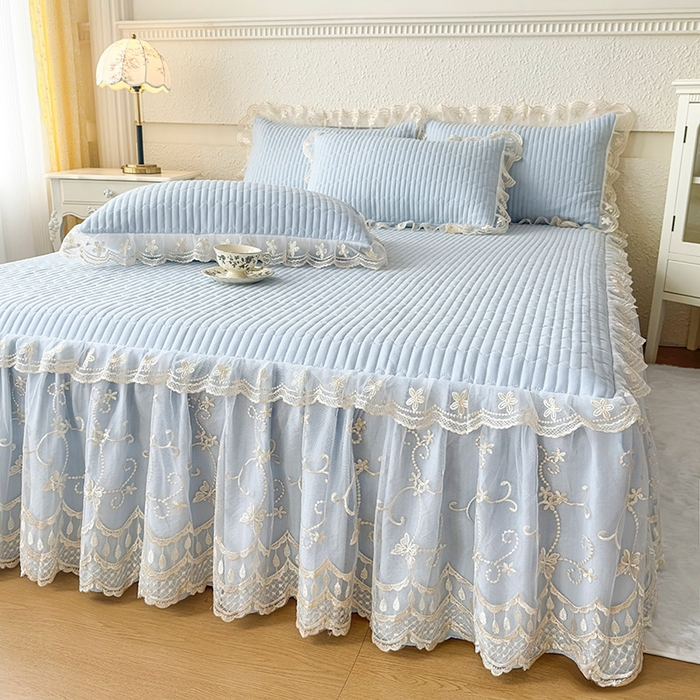 91家纺网 家纺一手货源 找家纺 予梦家纺 2025新款夹棉床裙单床裙单品床裙单件床裙-花影 花影-浅蓝