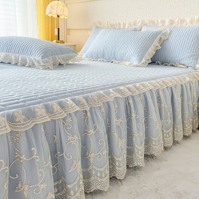 91家纺网 家纺一手货源 找家纺 予梦家纺 2025新款夹棉床裙单床裙单品床裙单件床裙-花影 花影-浅蓝