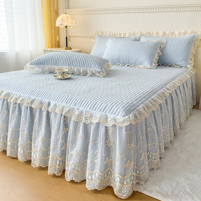 91家纺网 家纺一手货源 找家纺 予梦家纺 2025新款夹棉床裙单床裙单品床裙单件床裙-花影 花影-浅蓝