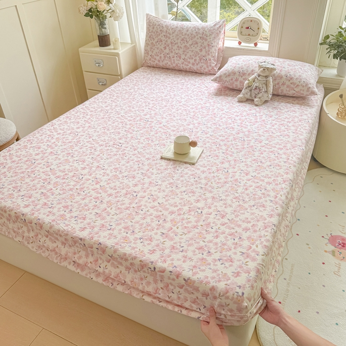 91家纺网 家纺一手货源 找家纺 丝芙妮家居（原乐视家纺） 2026新款A类皱皱纱亲肤木棉床笠-系列二 十里桃花