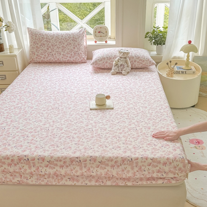 91家纺网 家纺一手货源 找家纺 丝芙妮家居（原乐视家纺） 2026新款A类皱皱纱亲肤木棉床笠-系列二 十里桃花