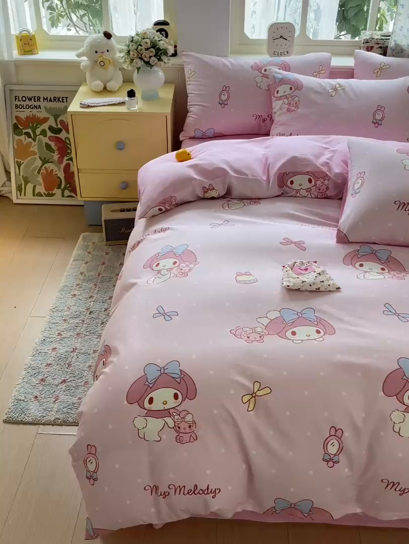 91家纺网 家纺一手货源 找家纺 朵希曼 2025新款全棉三丽鸥卡通印花系列四件套 蝴蝶结美乐蒂