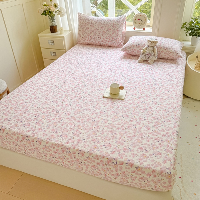 91家纺网 家纺一手货源 找家纺 丝芙妮家居（原乐视家纺） 2026新款A类皱皱纱亲肤木棉床笠-系列二 十里桃花