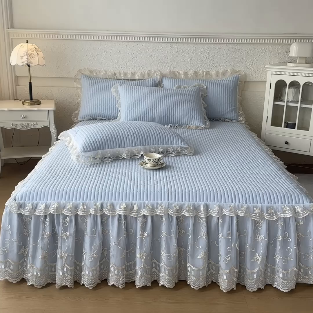 91家纺网 家纺一手货源 找家纺 予梦家纺 2025新款夹棉床裙单床裙单品床裙单件床裙-花影 花影-浅蓝