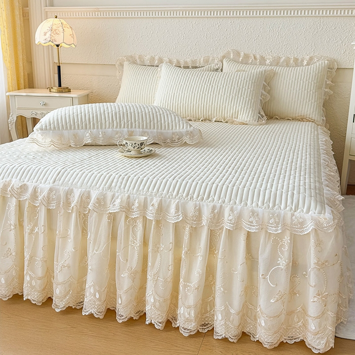 91家纺网 家纺一手货源 找家纺 予梦家纺 2025新款夹棉床裙单床裙单品床裙单件床裙-花影 花影-浅米