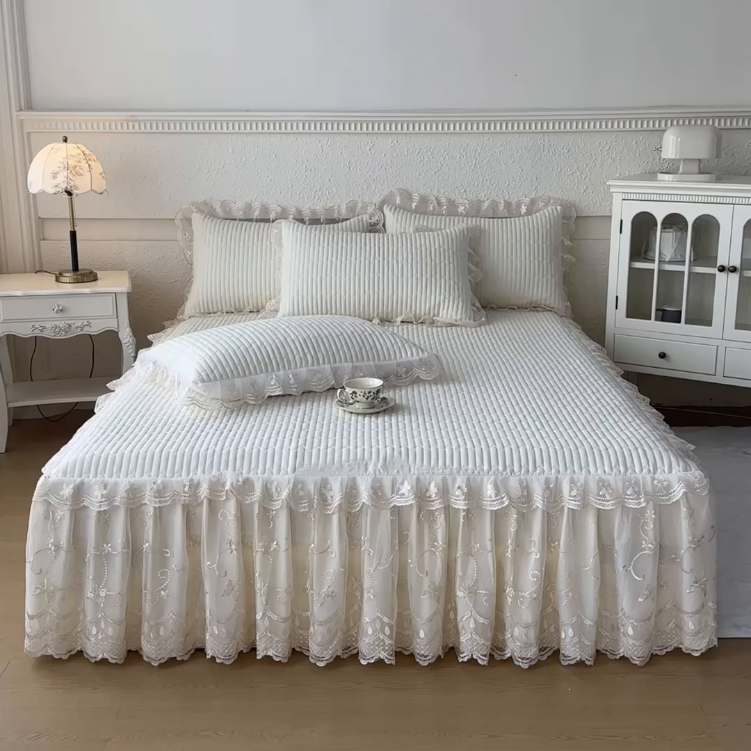 91家纺网 家纺一手货源 找家纺 予梦家纺 2025新款夹棉床裙单床裙单品床裙单件床裙-花影 花影-浅米