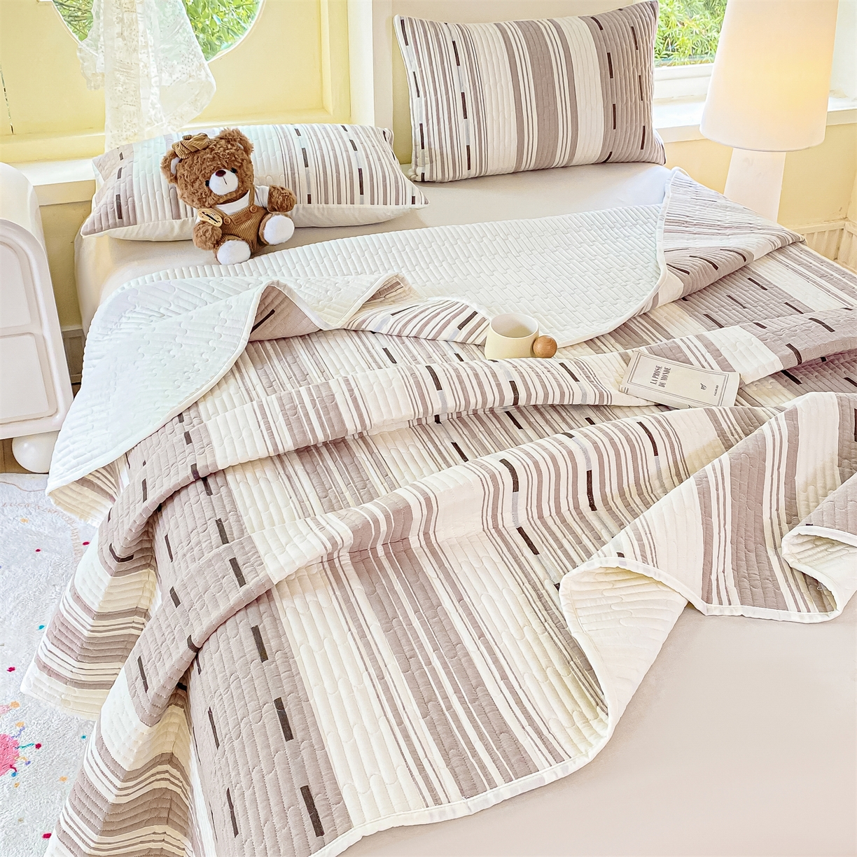 91家纺网 家纺一手货源 找家纺 灰鲸 2025新款全棉色织提花床盖系列 速写-咖