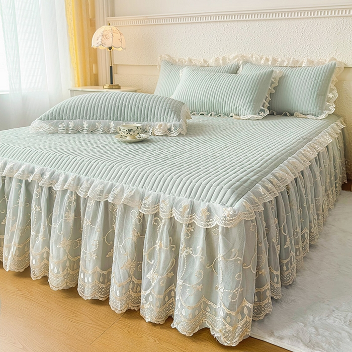 91家纺网 家纺一手货源 找家纺 予梦家纺 2025新款夹棉床裙单床裙单品床裙单件床裙-花影 花影-清新绿