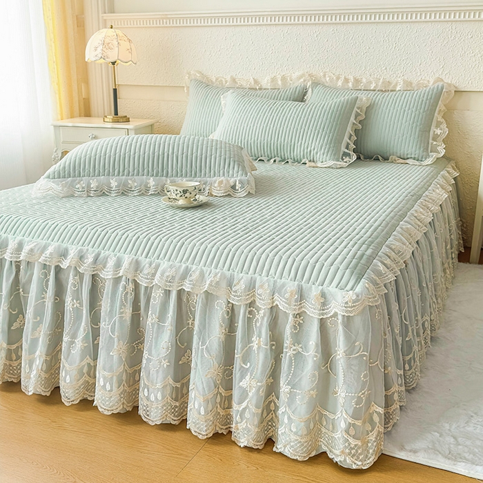 91家纺网 家纺一手货源 找家纺 予梦家纺 2025新款夹棉床裙单床裙单品床裙单件床裙-花影 花影-清新绿