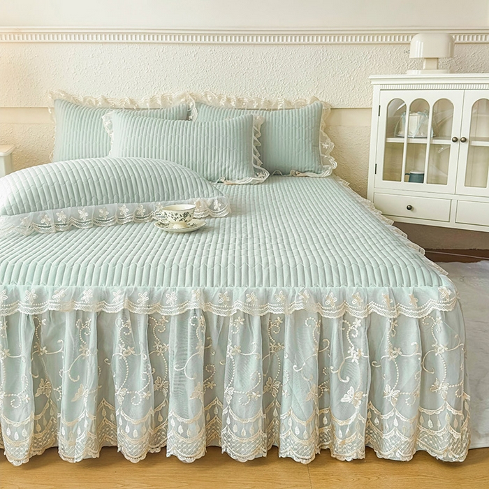 91家纺网 家纺一手货源 找家纺 予梦家纺 2025新款夹棉床裙单床裙单品床裙单件床裙-花影 花影-清新绿