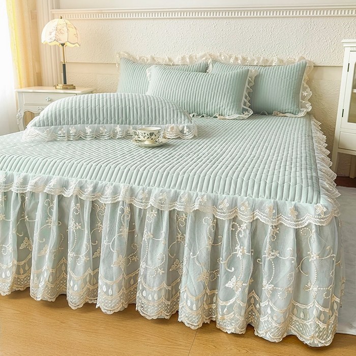 91家纺网 家纺一手货源 找家纺 予梦家纺 2025新款夹棉床裙单床裙单品床裙单件床裙-花影 花影-清新绿