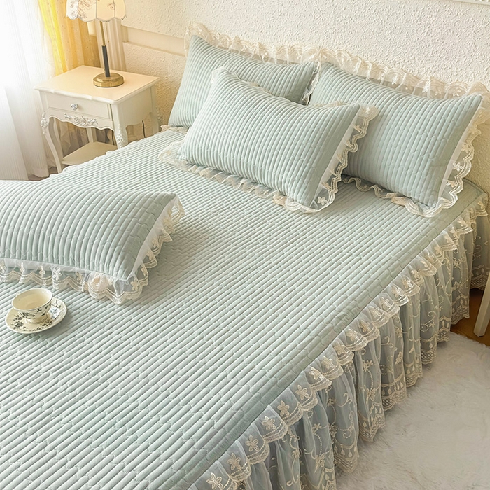 91家纺网 家纺一手货源 找家纺 予梦家纺 2025新款夹棉床裙单床裙单品床裙单件床裙-花影 花影-清新绿