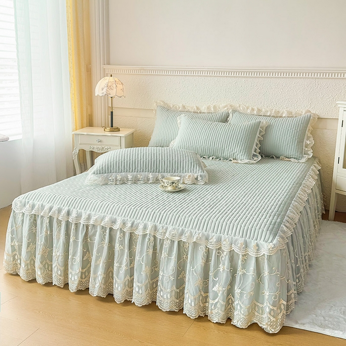 91家纺网 家纺一手货源 找家纺 予梦家纺 2025新款夹棉床裙单床裙单品床裙单件床裙-花影 花影-清新绿