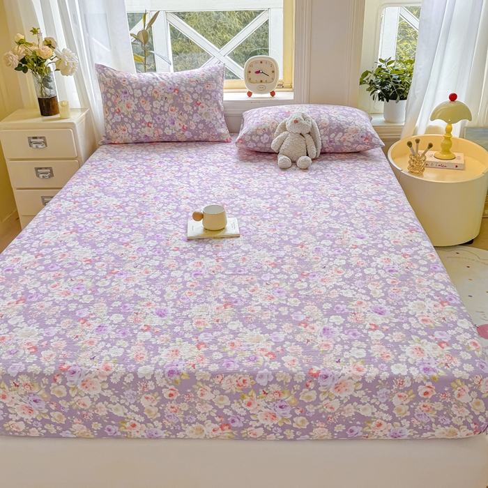 91家纺网 家纺一手货源 找家纺 丝芙妮家居（原乐视家纺） 2026新款A类皱皱纱亲肤木棉床笠-系列二 紫藤浪漫