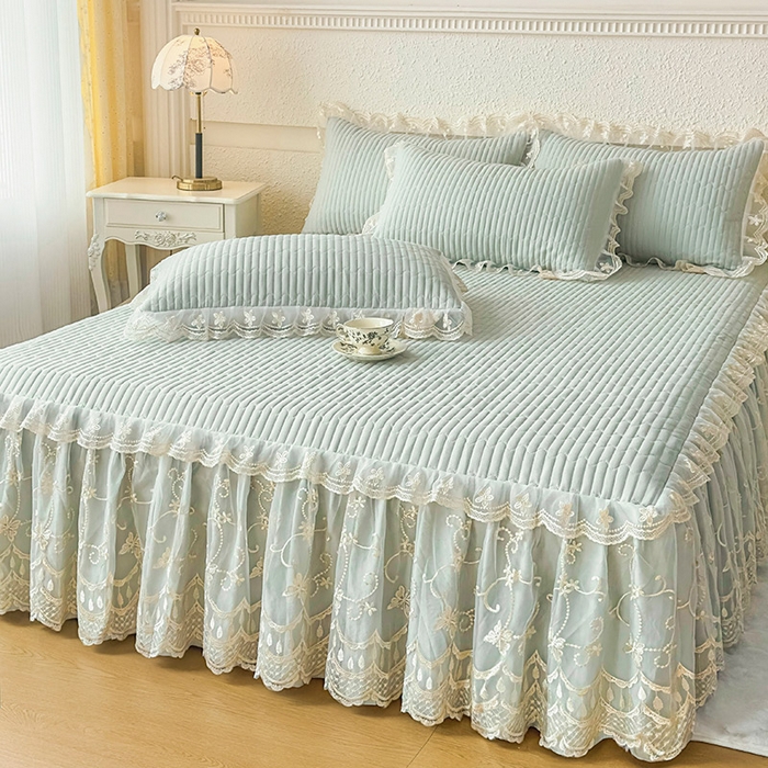 91家纺网 家纺一手货源 找家纺 予梦家纺 2025新款夹棉床裙单床裙单品床裙单件床裙-花影 花影-清新绿