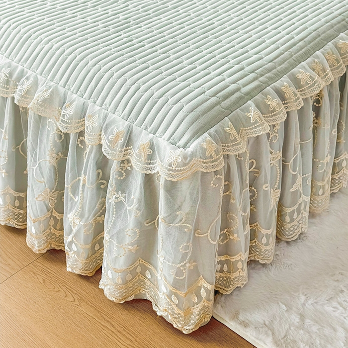 91家纺网 家纺一手货源 找家纺 予梦家纺 2025新款夹棉床裙单床裙单品床裙单件床裙-花影 花影-清新绿