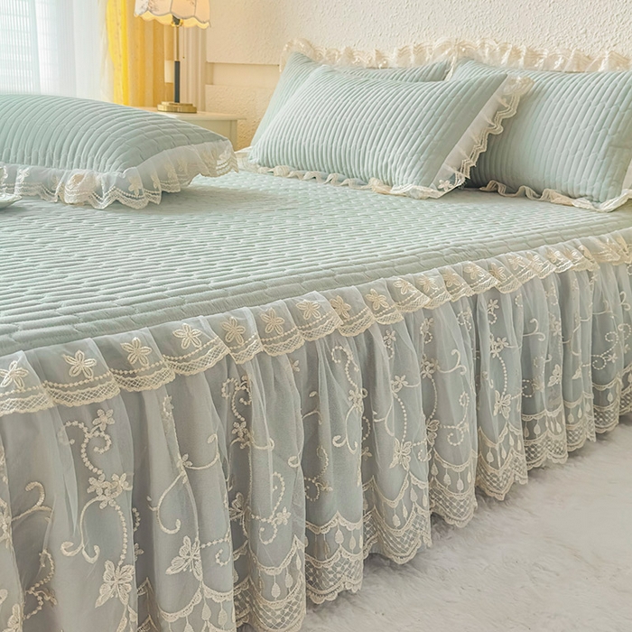 91家纺网 家纺一手货源 找家纺 予梦家纺 2025新款夹棉床裙单床裙单品床裙单件床裙-花影 花影-清新绿