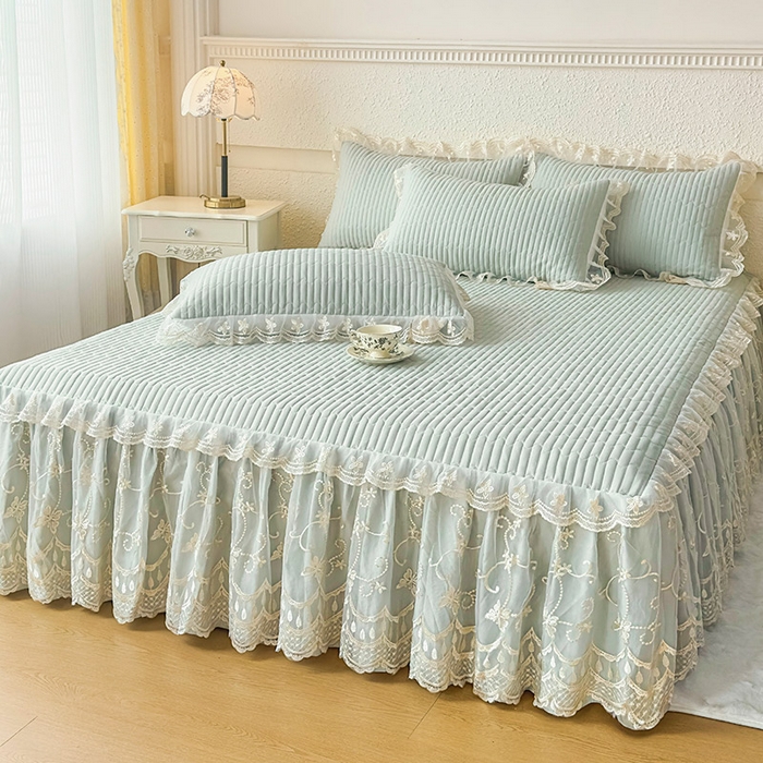 91家纺网 家纺一手货源 找家纺 予梦家纺 2025新款夹棉床裙单床裙单品床裙单件床裙-花影 花影-清新绿