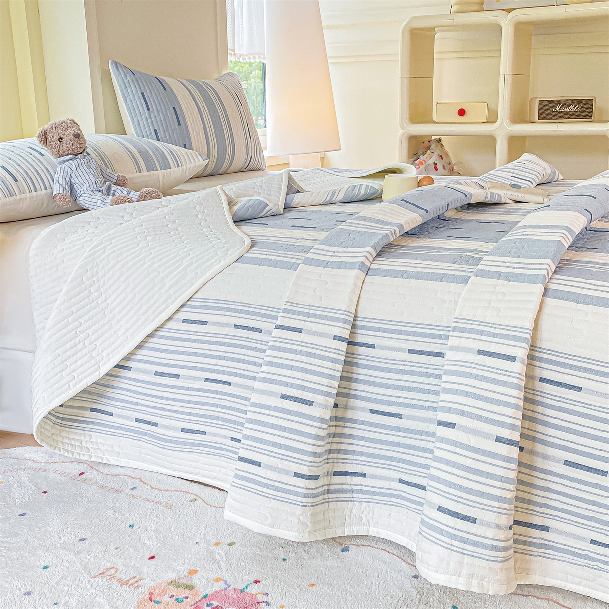 91家纺网 家纺一手货源 找家纺 灰鲸 2025新款全棉色织提花床盖系列 速写-蓝