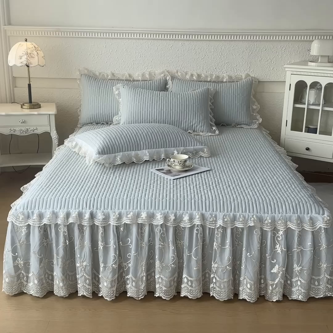 91家纺网 家纺一手货源 找家纺 予梦家纺 2025新款夹棉床裙单床裙单品床裙单件床裙-花影 花影-清新绿