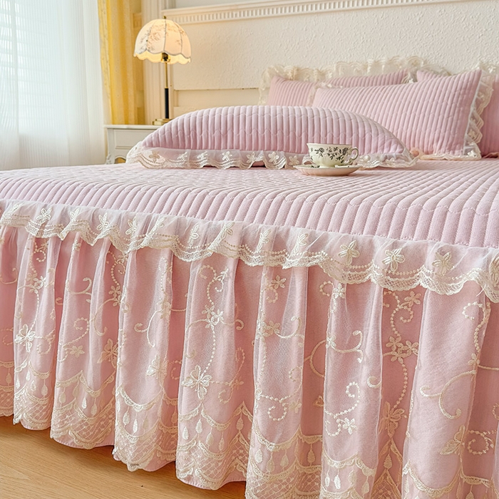 91家纺网 家纺一手货源 找家纺 予梦家纺 2025新款夹棉床裙单床裙单品床裙单件床裙-花影 花影-樱花粉