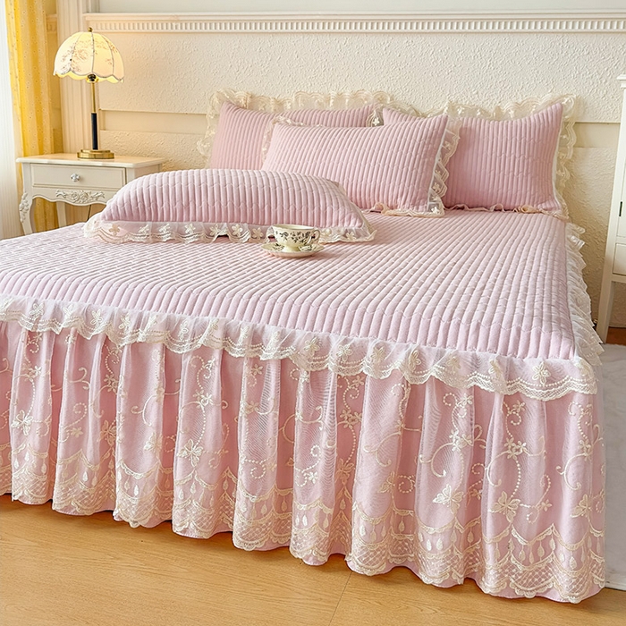 91家纺网 家纺一手货源 找家纺 予梦家纺 2025新款夹棉床裙单床裙单品床裙单件床裙-花影 花影-樱花粉