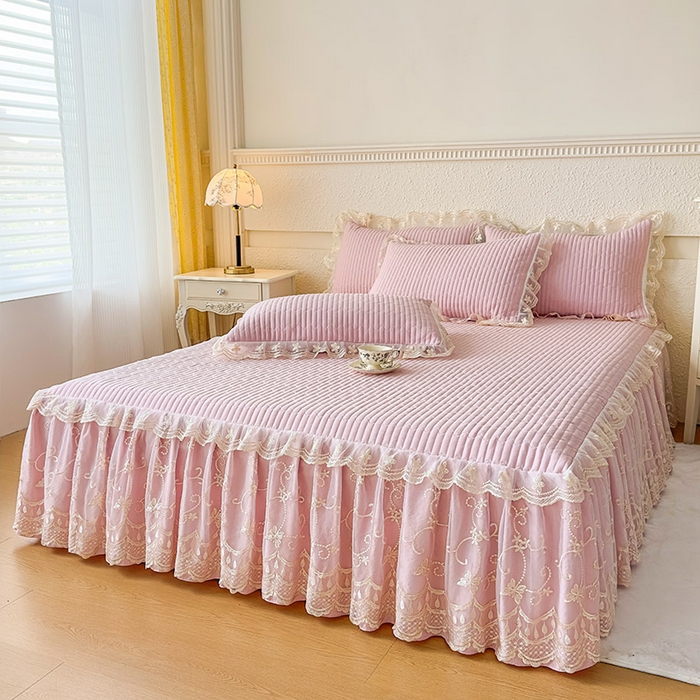 91家纺网 家纺一手货源 找家纺 予梦家纺 2025新款夹棉床裙单床裙单品床裙单件床裙-花影 花影-樱花粉