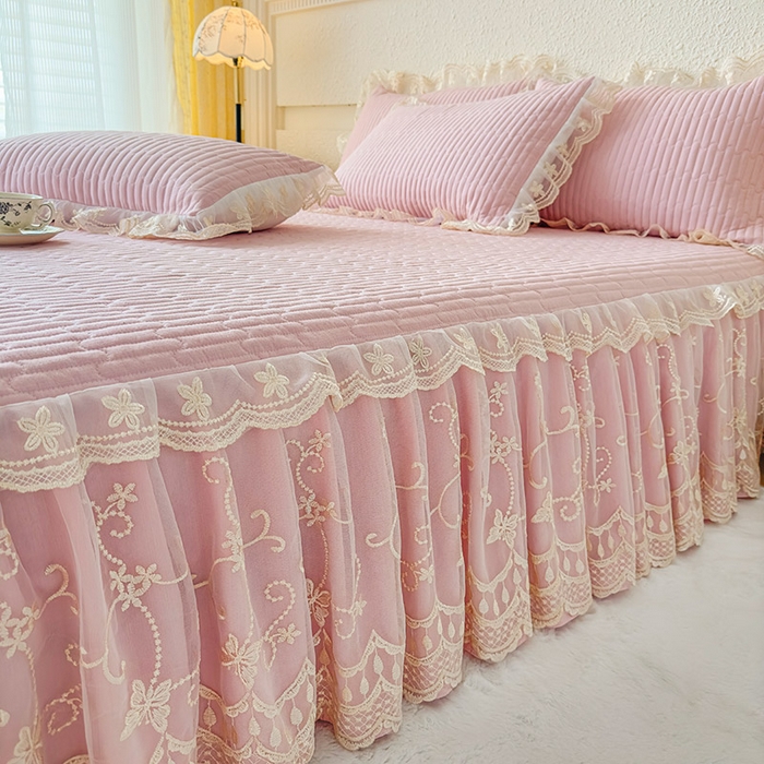 91家纺网 家纺一手货源 找家纺 予梦家纺 2025新款夹棉床裙单床裙单品床裙单件床裙-花影 花影-樱花粉