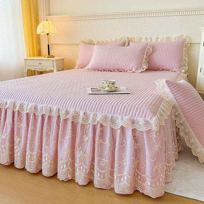 91家纺网 家纺一手货源 找家纺 予梦家纺 2025新款夹棉床裙单床裙单品床裙单件床裙-花影 花影-樱花粉