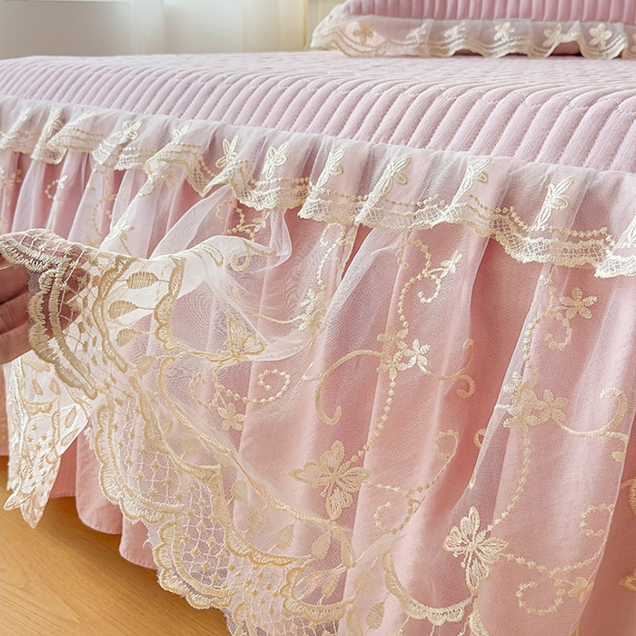 91家纺网 家纺一手货源 找家纺 予梦家纺 2025新款夹棉床裙单床裙单品床裙单件床裙-花影 花影-樱花粉