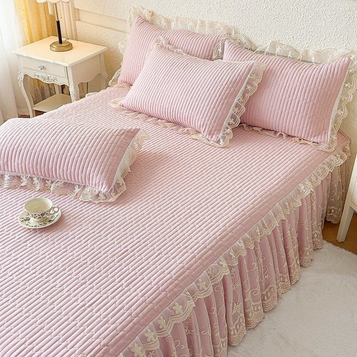 91家纺网 家纺一手货源 找家纺 予梦家纺 2025新款夹棉床裙单床裙单品床裙单件床裙-花影 花影-樱花粉