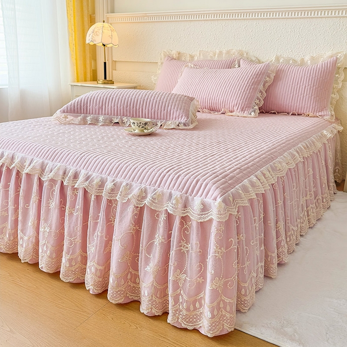 91家纺网 家纺一手货源 找家纺 予梦家纺 2025新款夹棉床裙单床裙单品床裙单件床裙-花影 花影-樱花粉