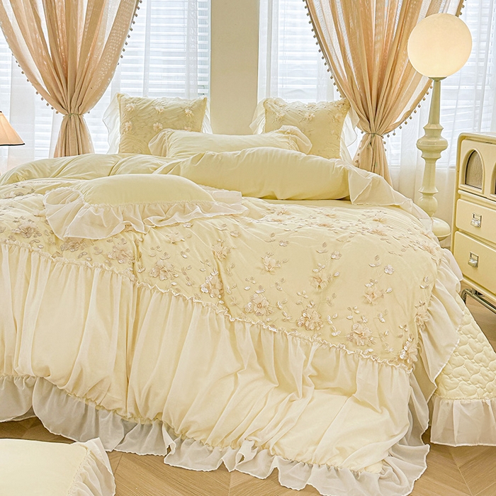 91家纺网 家纺一手货源 找家纺 （总）鼎丰家纺 2025新款立体花朵蕾丝雪纺花边四件套-绮梦系列