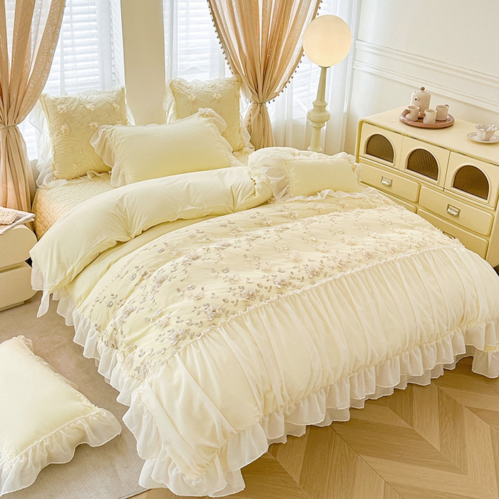 91家纺网 家纺一手货源 找家纺 （总）鼎丰家纺 2025新款立体花朵蕾丝雪纺花边四件套-绮梦系列