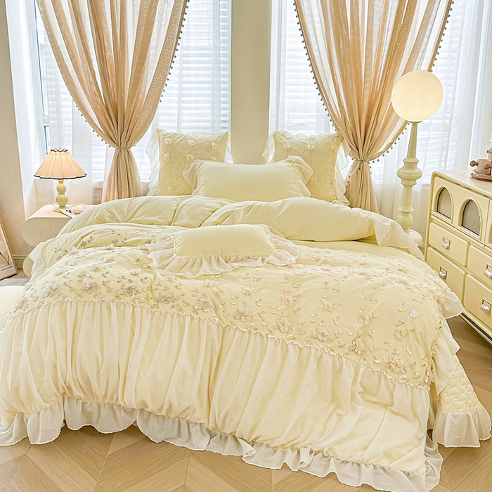 91家纺网 家纺一手货源 找家纺 （总）鼎丰家纺 2025新款立体花朵蕾丝雪纺花边四件套-绮梦系列