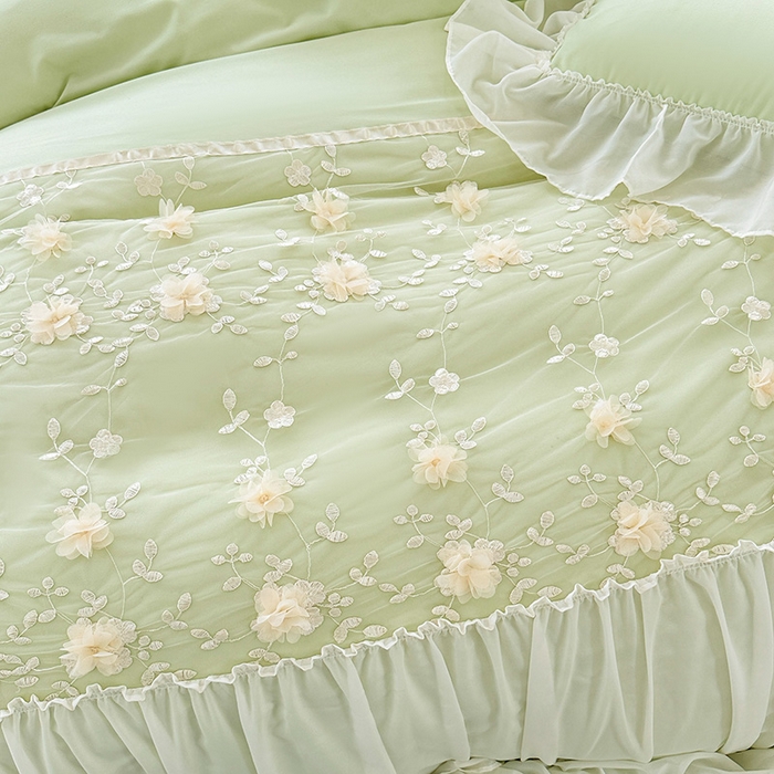 91家纺网 家纺一手货源 找家纺 鼎丰家纺 2025新款立体花朵蕾丝雪纺花边四件套-绮梦系列 绮梦-浅绿