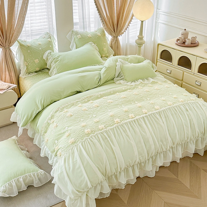 91家纺网 家纺一手货源 找家纺 鼎丰家纺 2025新款立体花朵蕾丝雪纺花边四件套-绮梦系列 绮梦-浅绿