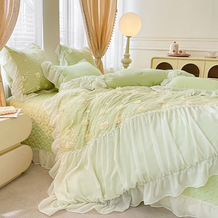 91家纺网 家纺一手货源 找家纺 鼎丰家纺 2025新款立体花朵蕾丝雪纺花边四件套-绮梦系列 绮梦-浅绿