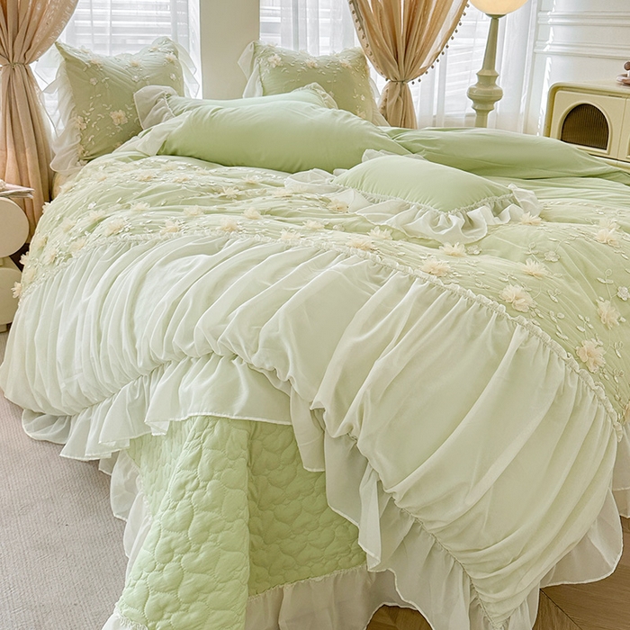 91家纺网 家纺一手货源 找家纺 鼎丰家纺 2025新款立体花朵蕾丝雪纺花边四件套-绮梦系列 绮梦-浅绿