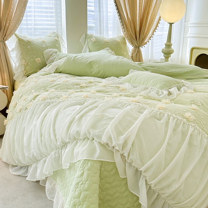 91家纺网 家纺一手货源 找家纺 鼎丰家纺 2025新款立体花朵蕾丝雪纺花边四件套-绮梦系列 绮梦-浅绿